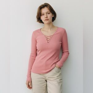 Aeropostale Long Sleeve Ribbed Top Medium with Crisscross Detail